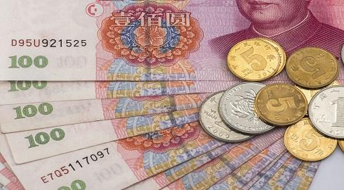 Chinese renminbi 100 bank note and coins